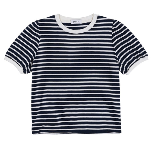 STRIPE SHIRRING T-SHIRT