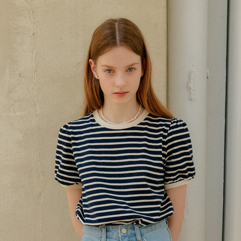 STRIPE SHIRRING T-SHIRT