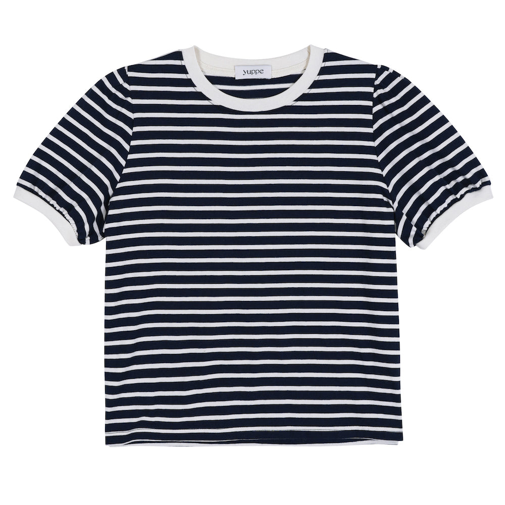 STRIPE SHIRRING T-SHIRT