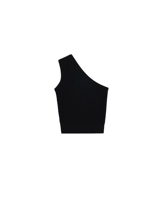 Twist One-Shoulder Cotton Knit Top Black