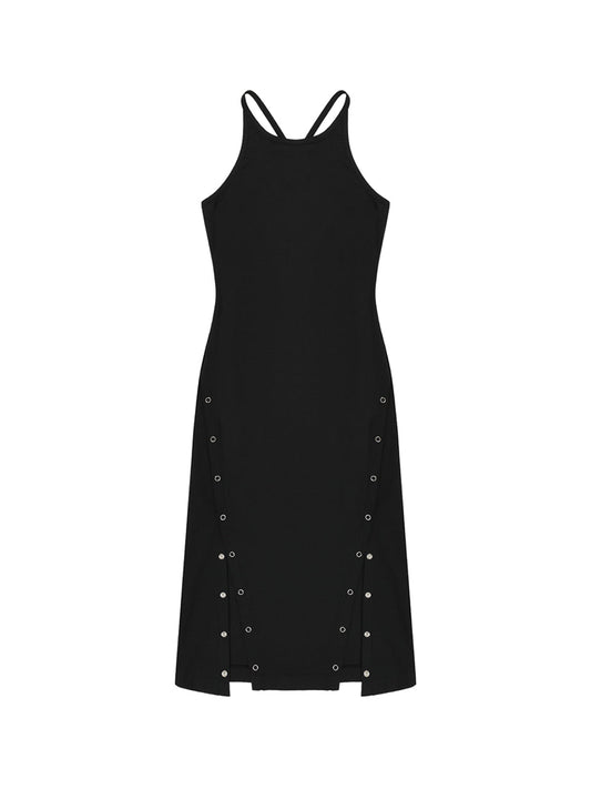 black snap button dress
